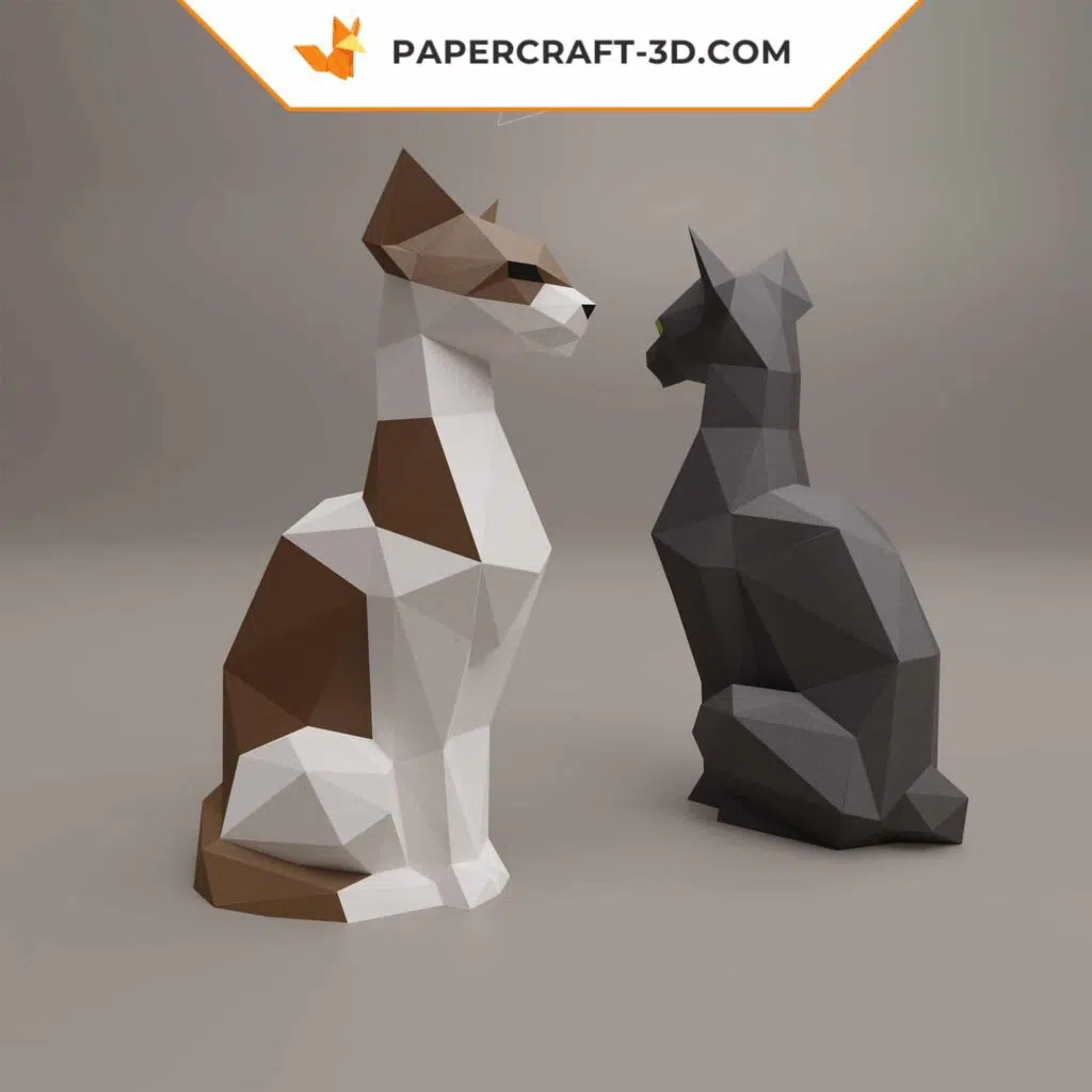 Papercraft Chat Assis en origami papier 3D DIY, vue 3