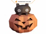 Papercraft pumpkin and Halloween cat in 3D origami