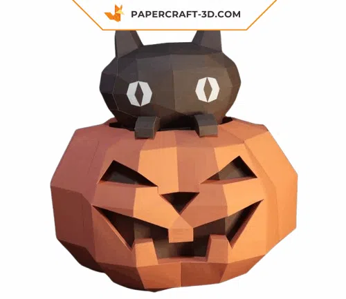 Papercraft pumpkin and Halloween cat in 3D origami