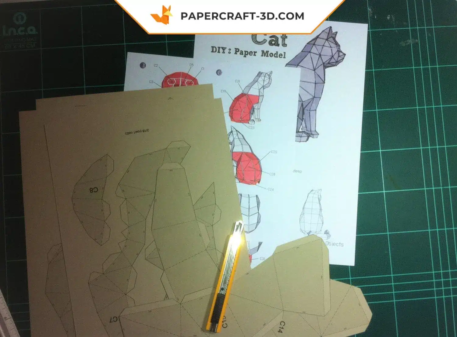 Papercraft chat origami papier 3D modèle digital DIY, weergave 4