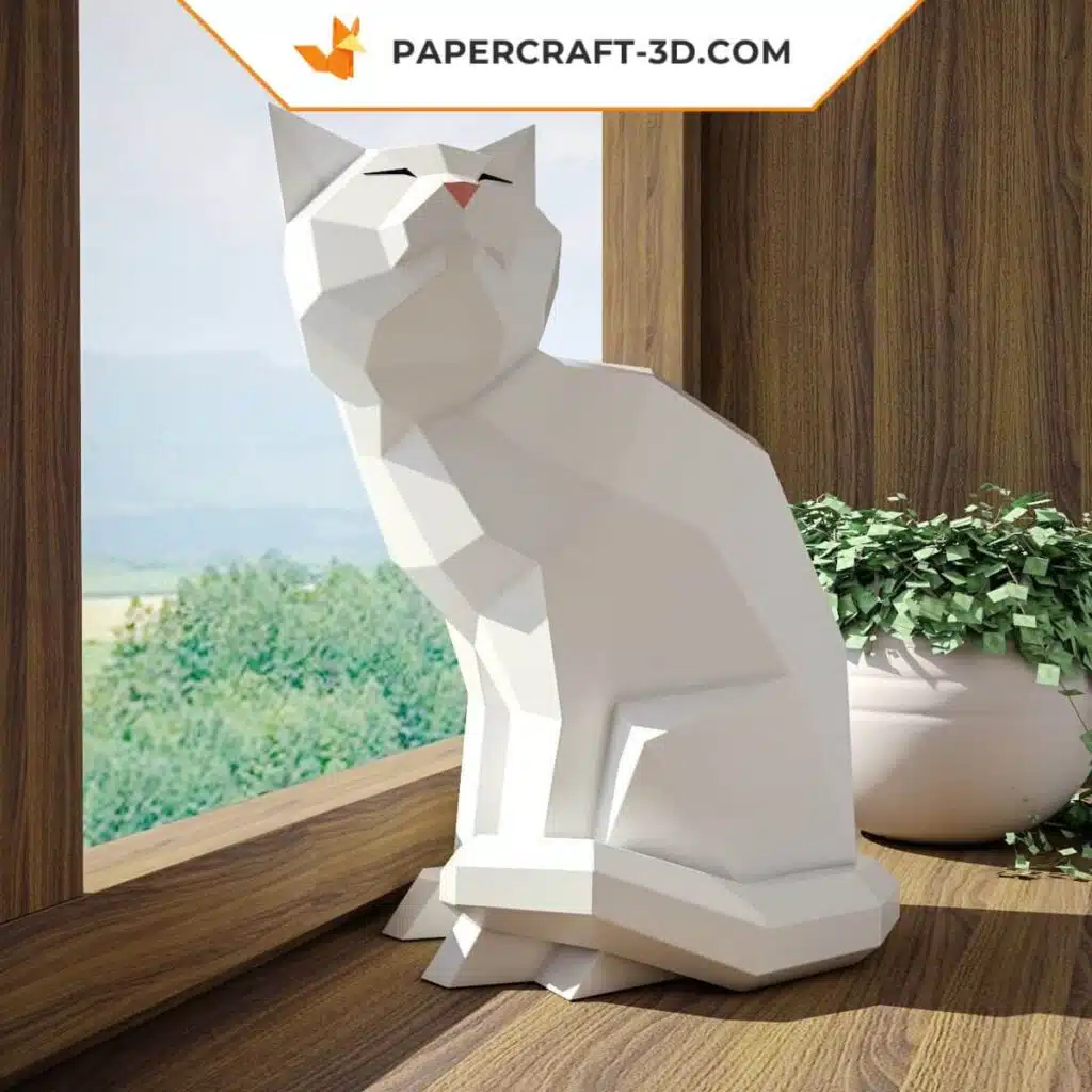 Papercraft de gato blanco en origami 3D