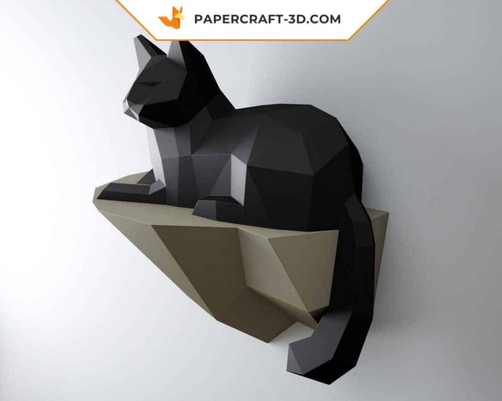 Papercraft Katze auf einem Felsen in 3D-Origami