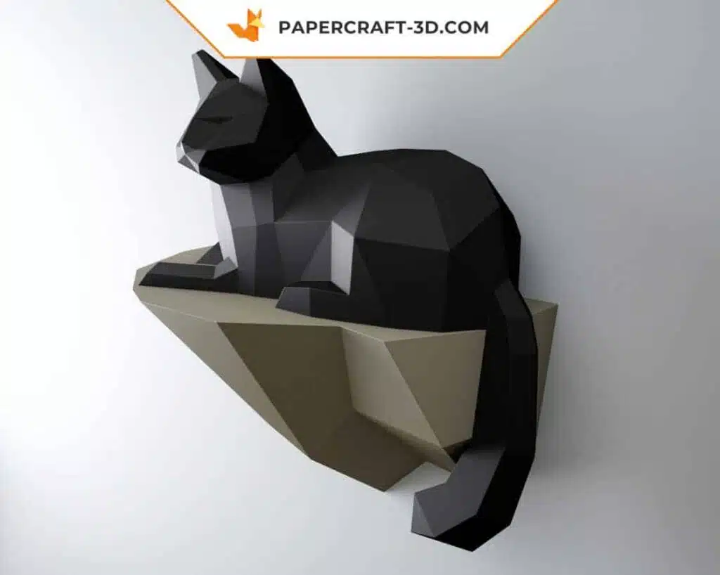 Papercraft chat sur un rocher, construction murale en papier 3D