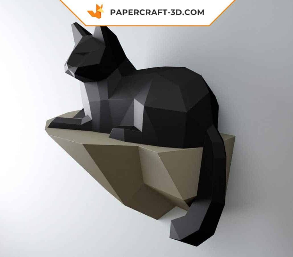 Papercraft gato sobre uma rocha em origami 3D