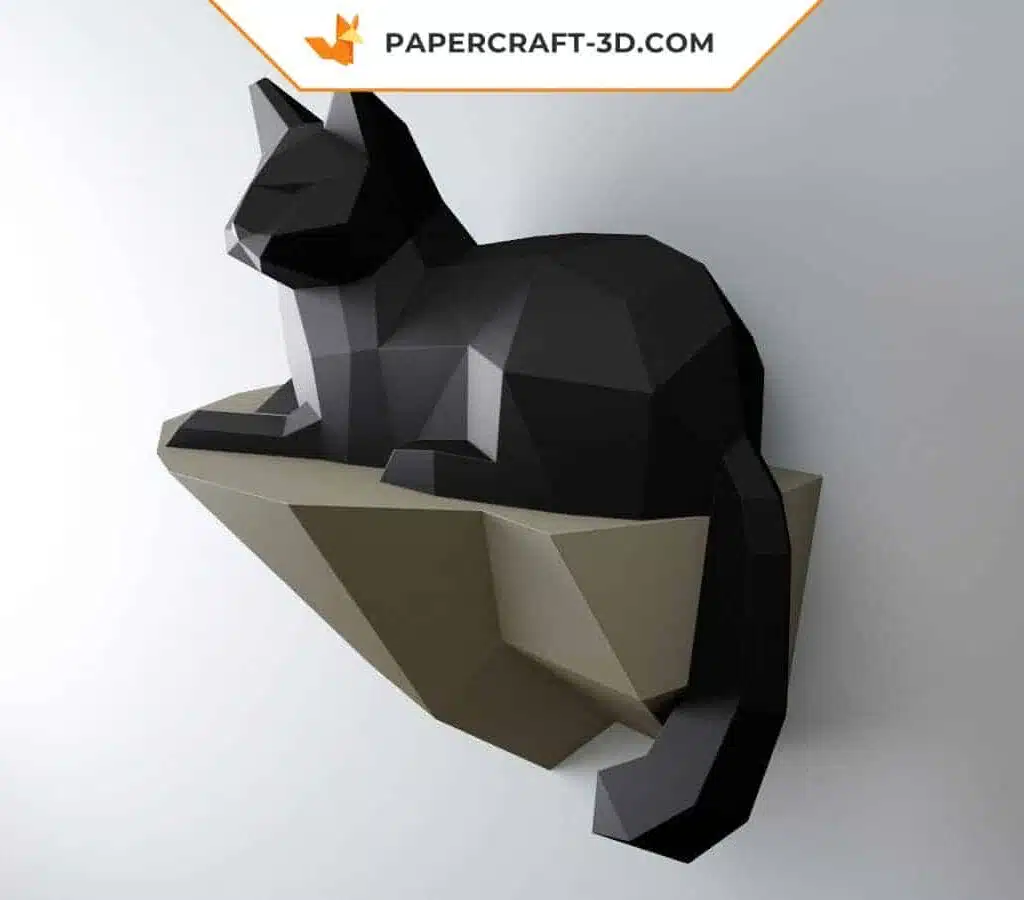 Papercraft Katze auf einem Felsen in 3D-Origami