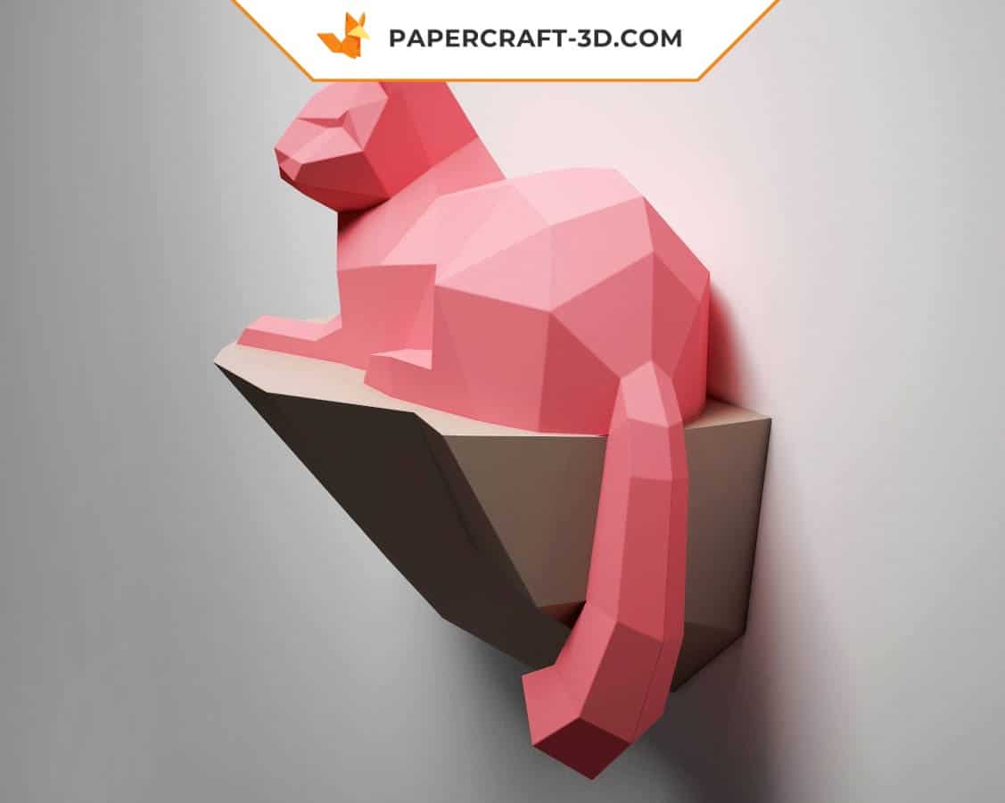 Papercraft cat on a rock in 3D origami
