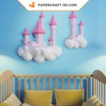 Papercraft de castillo en las nubes en origami 3D