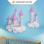 Papercraft de castillo en las nubes en origami 3D