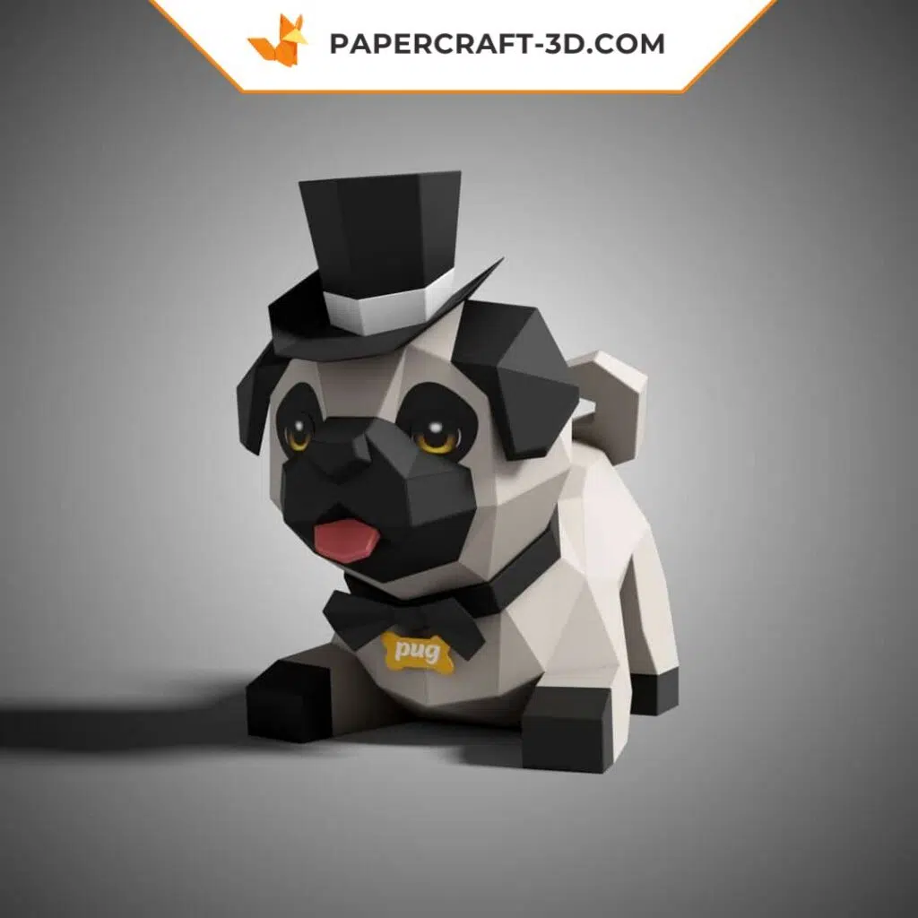 Papercraft chien carlin mignon en origami 3D, weergave 3