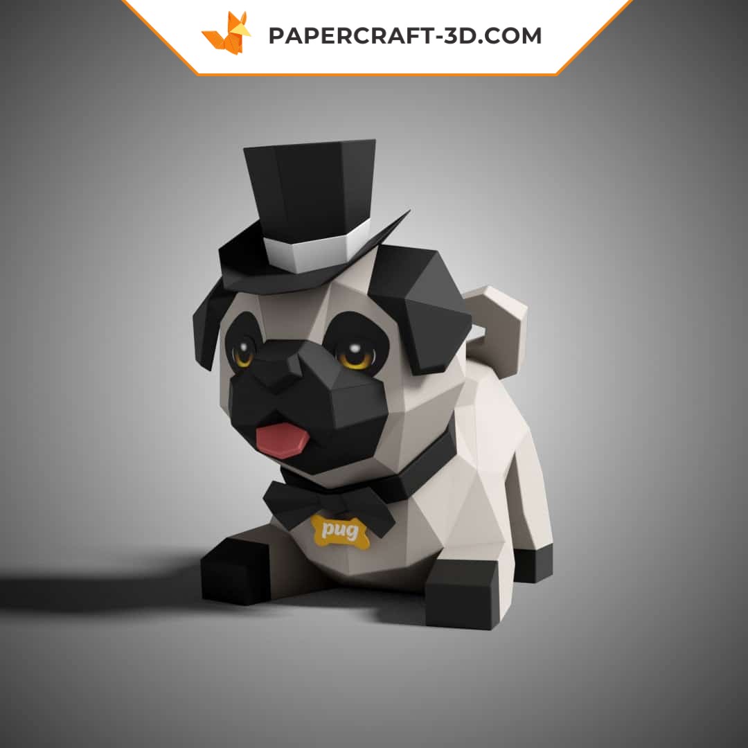 Papercraft pug dog playing pose in 3D origami
