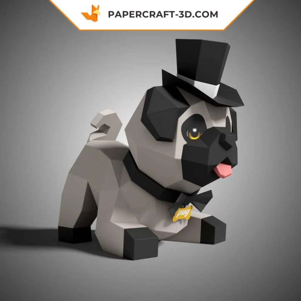 Papercraft chien carlin mignon en origami 3D, weergave 4