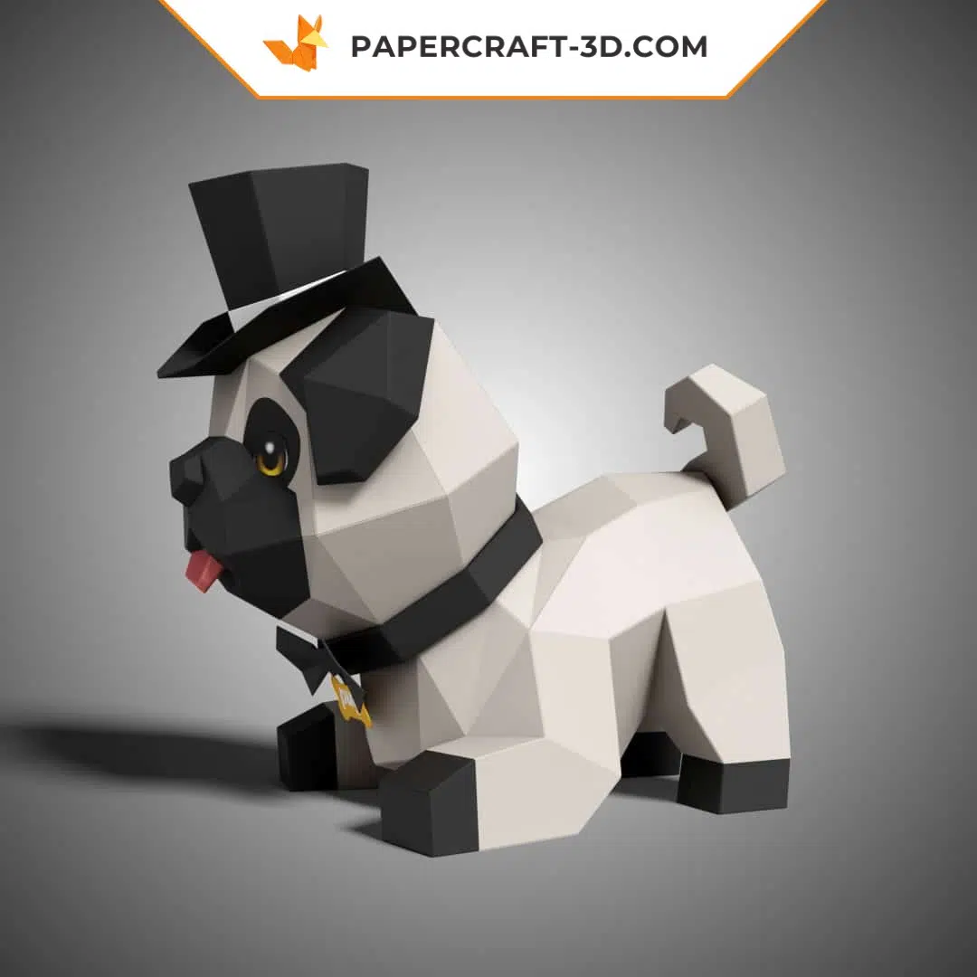 Papercraft chien carlin mignon en origami 3D, weergave 4