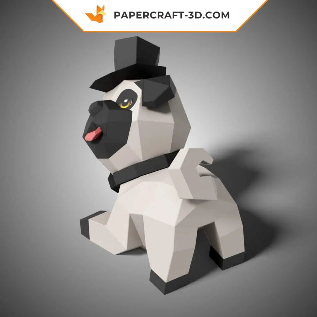 Papercraft chien carlin mignon en origami 3D, weergave 6