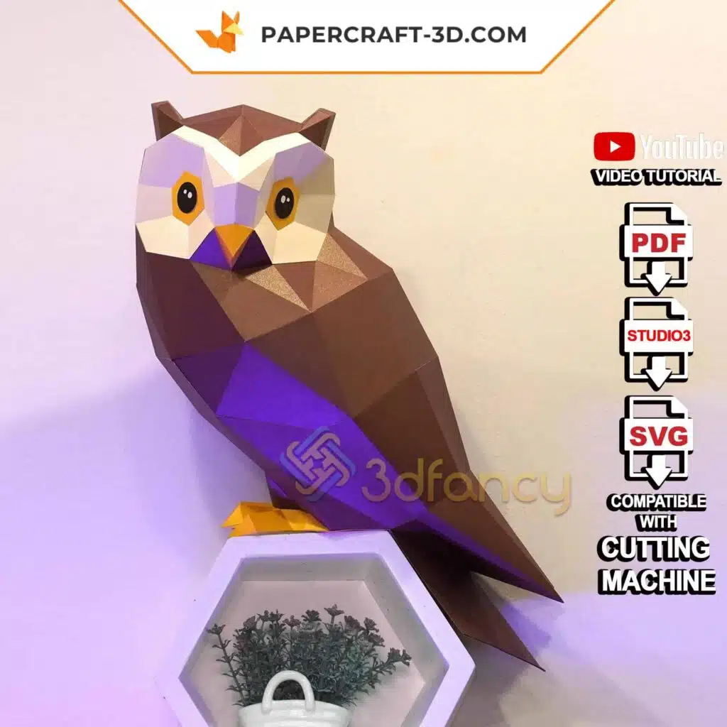 Papercraft de coruja de parede em origami 3D