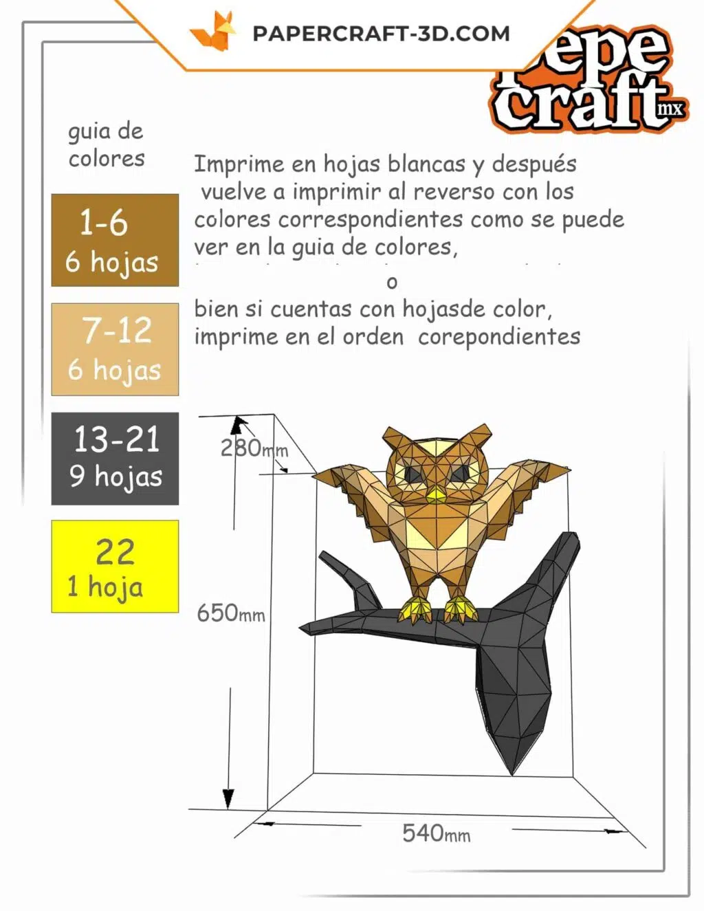 Papercraft de búho sobre rama en origami 3D