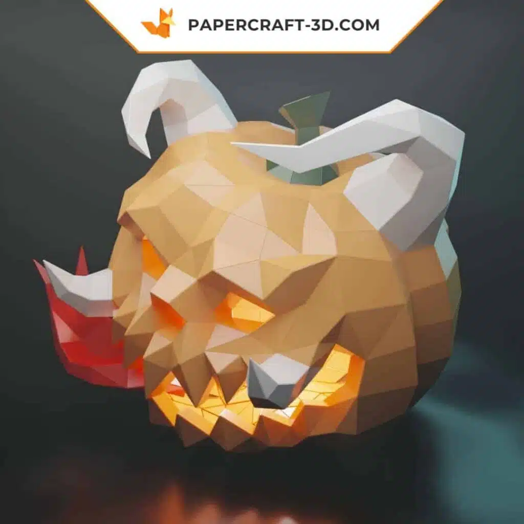 Papercraft citrouille avec cornes, défenses et langue en papier 3D pour décoration Halloween, weergave 3