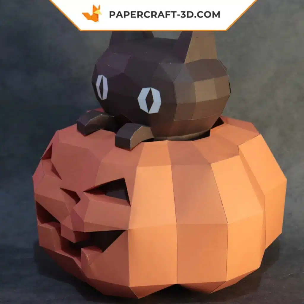 Papercraft pumpkin and Halloween cat in 3D origami