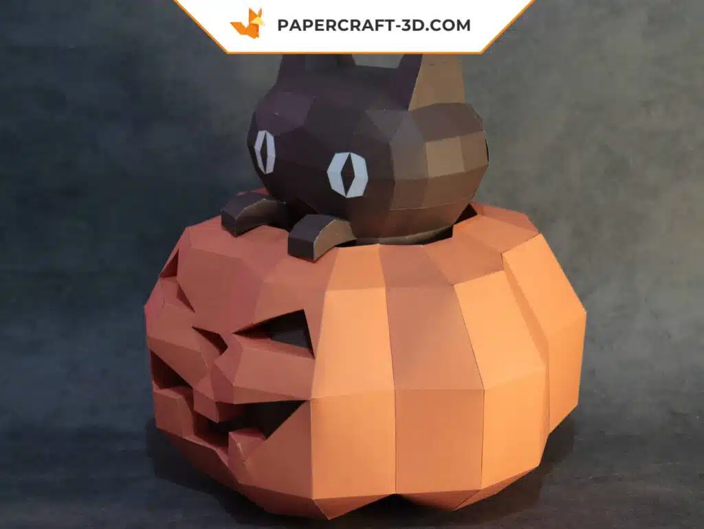 Papercraft de calabaza y gato de Halloween en origami 3D