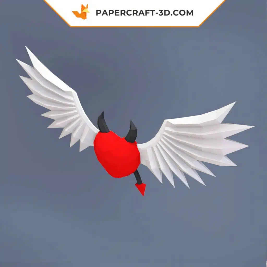 Papercraft coeur ailé origami papier 3D, vue 3