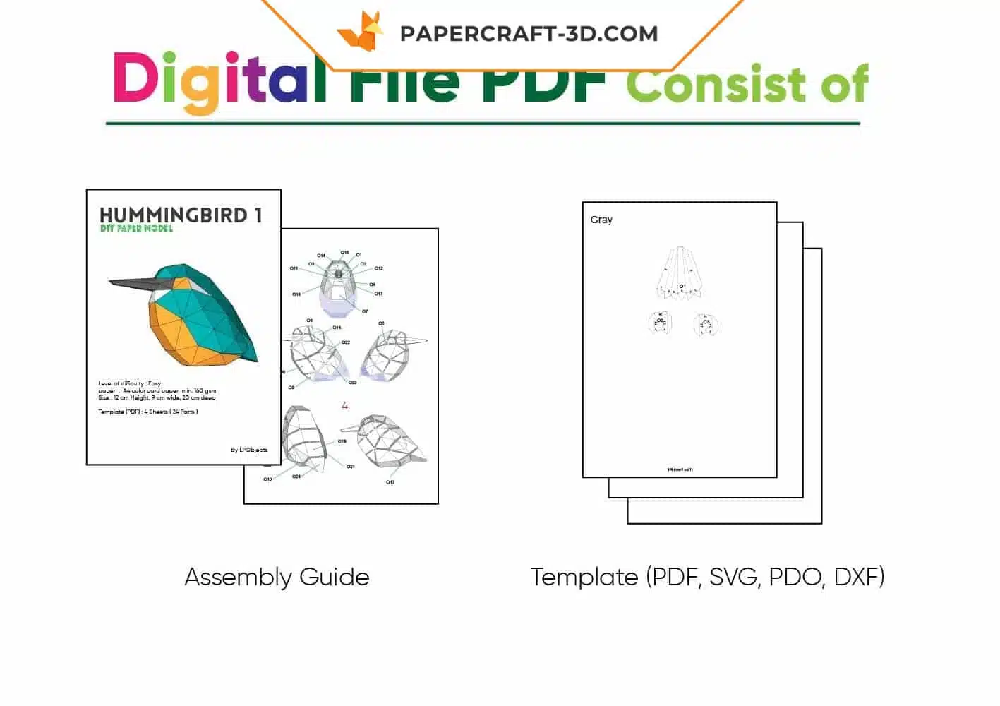 Papercraft Colibri minimaliste en origami papier 3D, weergave 5
