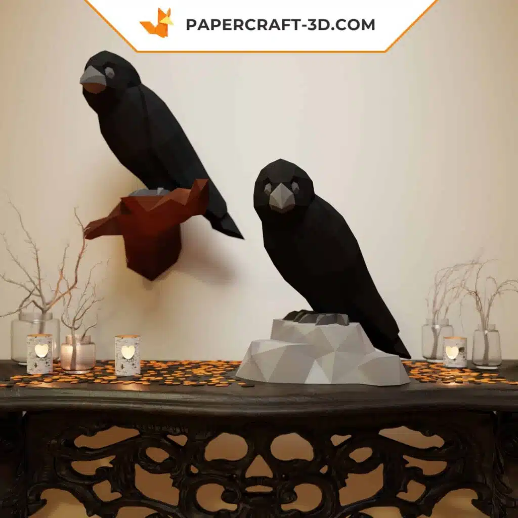 Papercraft corvo da parete appollaiato in origami 3D