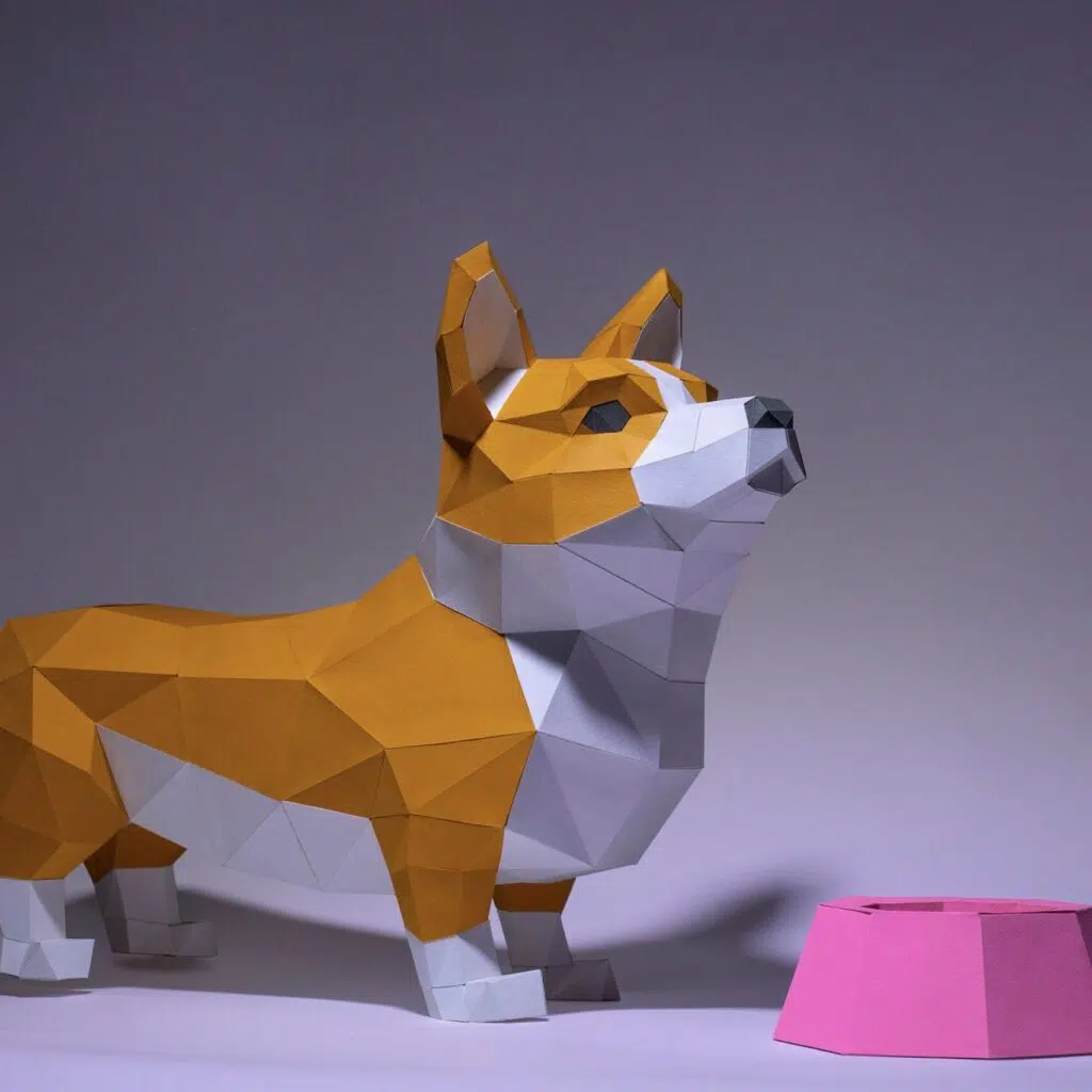 Papercraft corgi with bowl in 3D origami