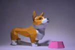 Papercraft de corgi com tigela em origami 3D