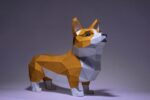 Papercraft de corgi com tigela em origami 3D