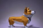 Papercraft de corgi com tigela em origami 3D