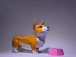 Papercraft de corgi com tigela em origami 3D