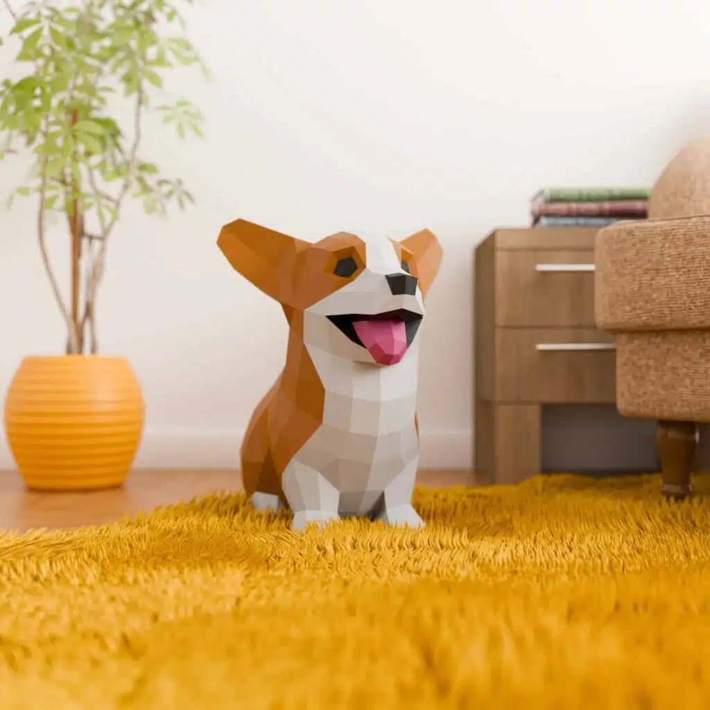 Papercraft süßer sitzender Baby-Corgi als 3D-Origami
