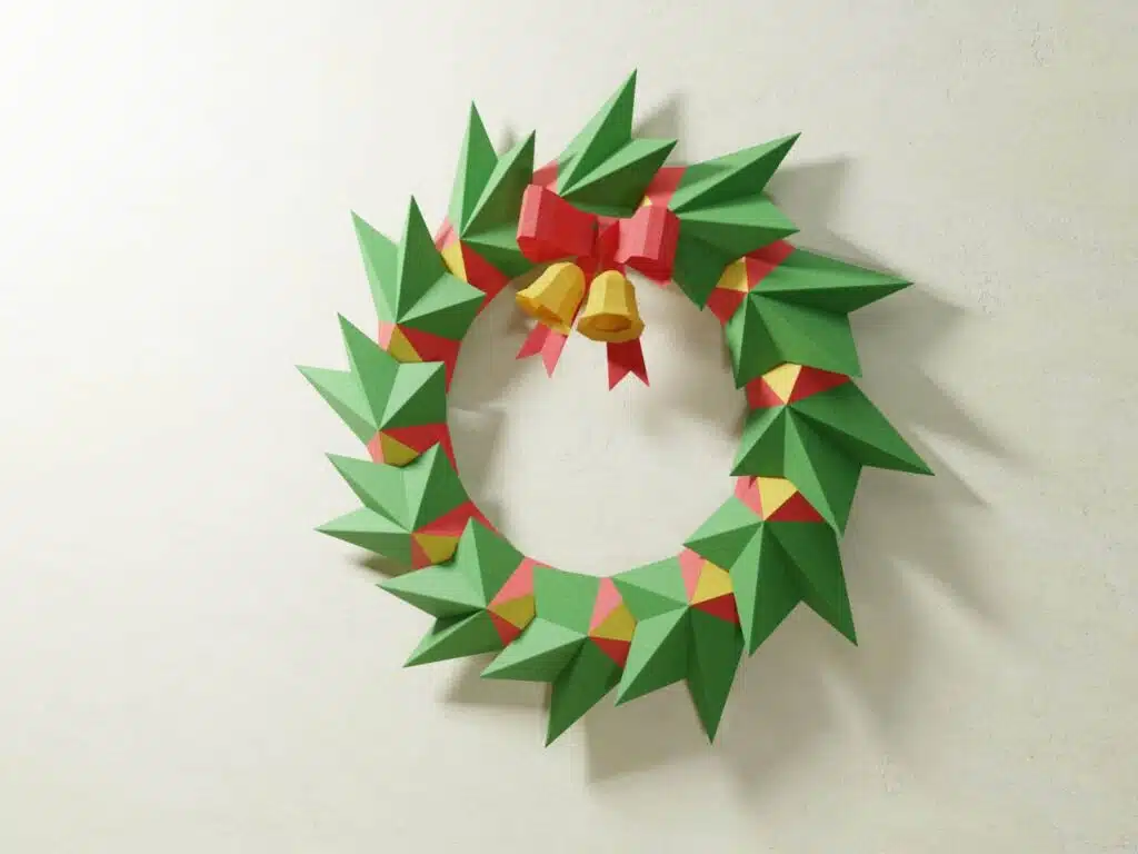 Papercraft ghirlanda di Natale con campane dorate in origami 3D
