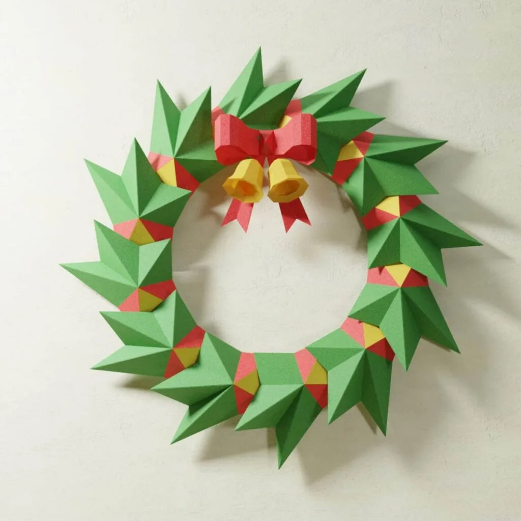 Papercraft Weihnachtskranz mit goldenen Glocken aus 3D-Origami