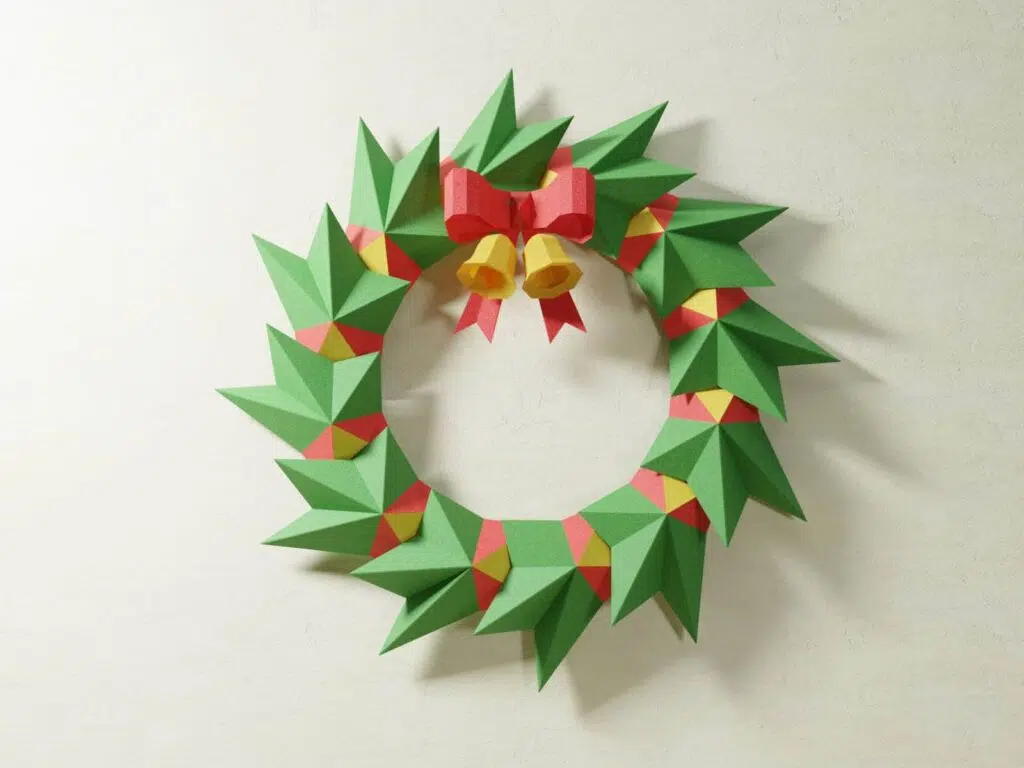 Papercraft ghirlanda di Natale con campane dorate in origami 3D