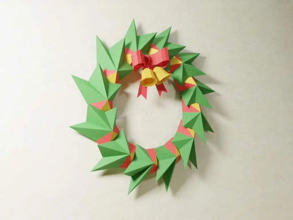 Papercraft ghirlanda di Natale con campane dorate in origami 3D