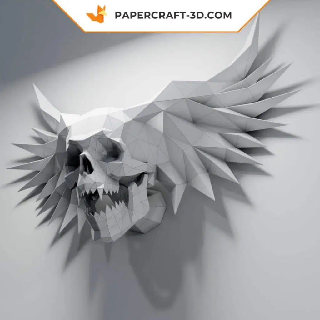 Papercraft crânio alado em origami 3D