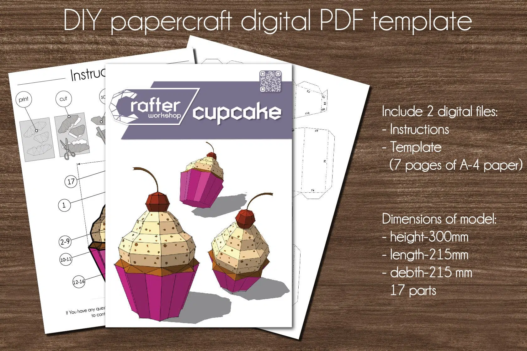 Papercraft Cupcake en origami papier 3D à faire soi-même, weergave 4