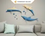 3D origami papercraft jumping dolphins, 3D model, weergave 2