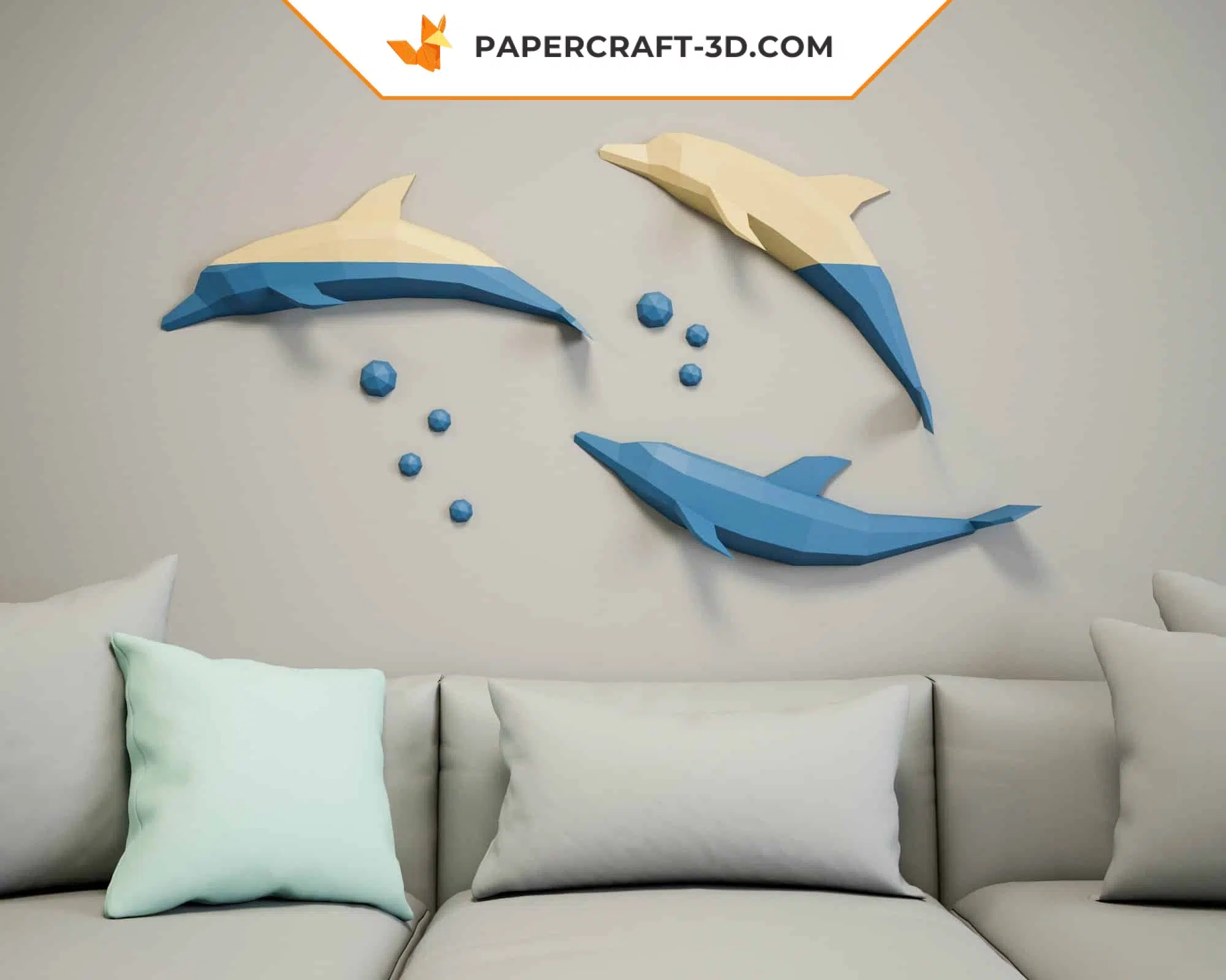 3D origami papercraft jumping dolphins, 3D model, weergave 2