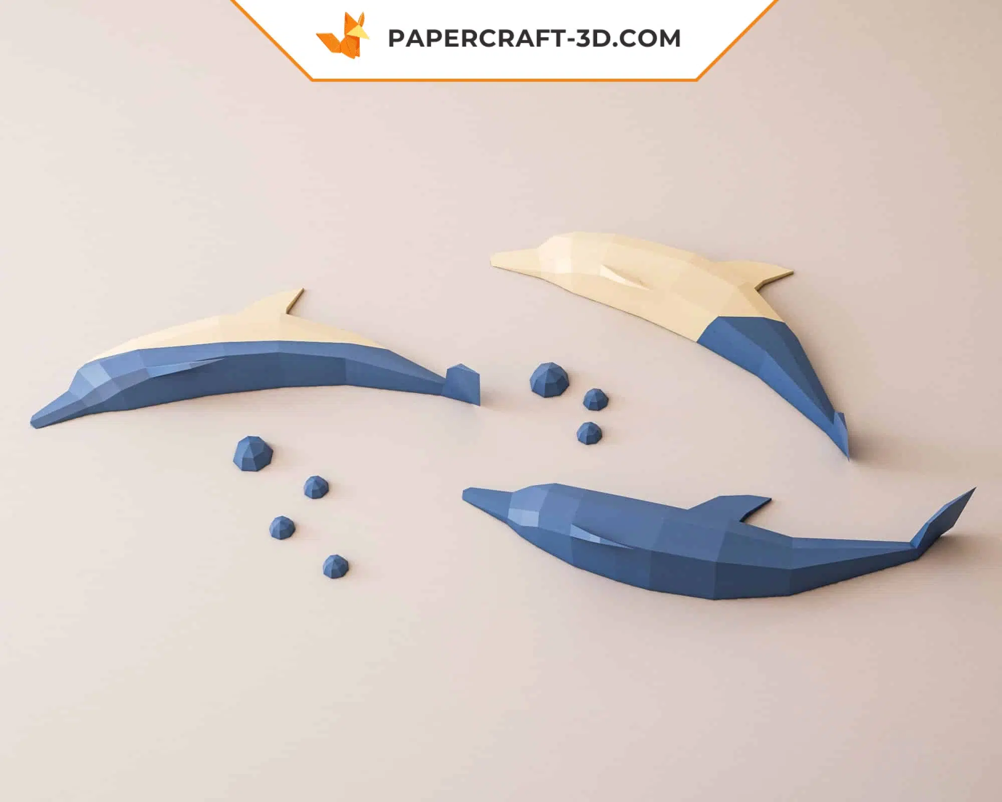 3D origami papercraft jumping dolphins, detail, weergave 2