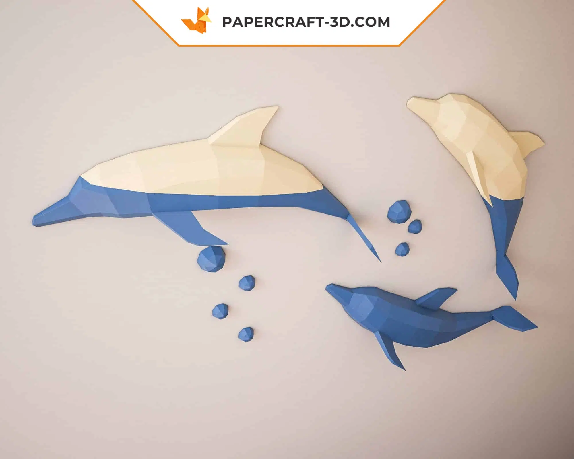 3D origami papercraft jumping dolphins, view 2