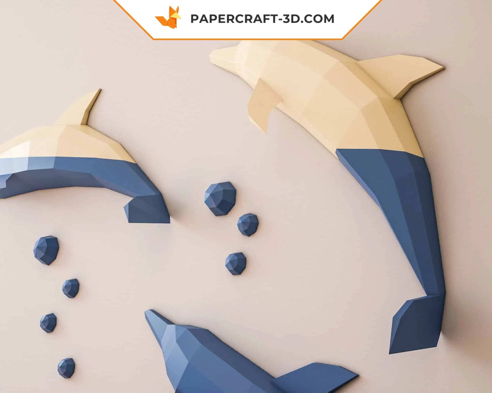 3D origami papercraft jumping dolphins, side view