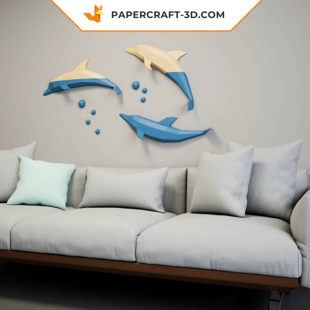 Papercraft de golfinhos saltando em origami 3D