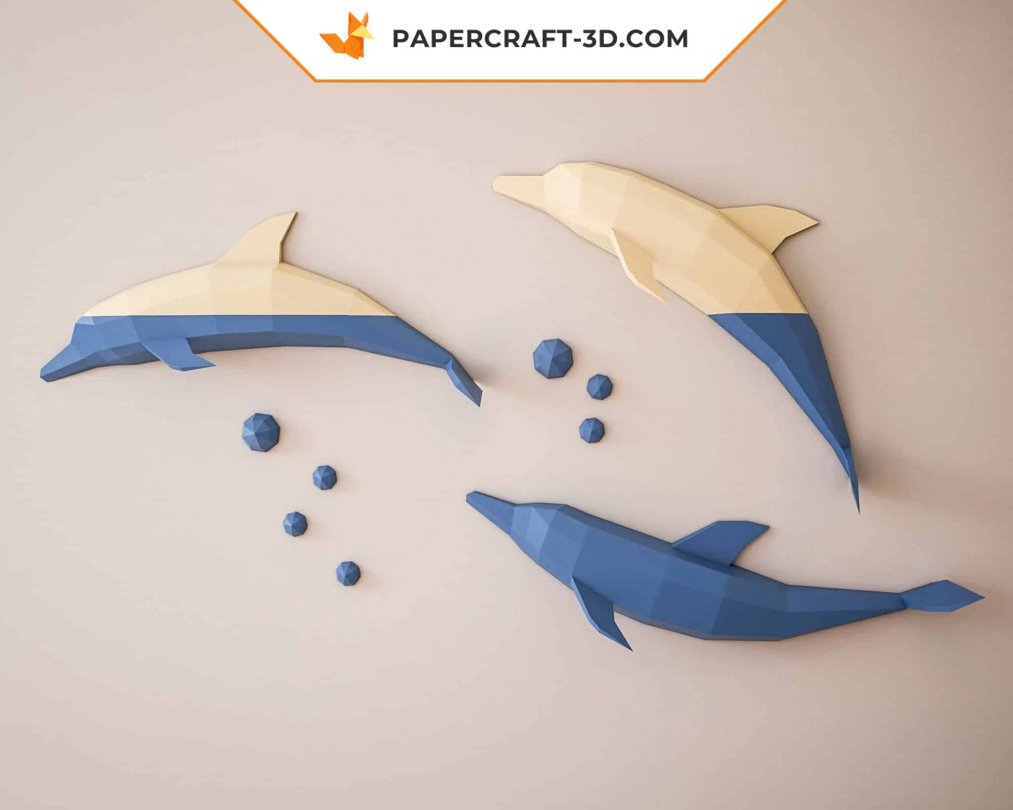 3D origami papercraft jumping dolphins, back view, weergave 2