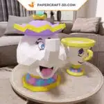 Papercraft de la Mme Samovar et Zip, modèle en format PDF, DXF et SVG, La Belle et la Bête, décoration 3D en origami papier, weergave 5