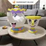 Papercraft de la Mme Samovar et Zip, modèle en format PDF, DXF et SVG, La Belle et la Bête, décoration 3D en origami papier