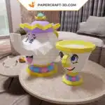 Papercraft de la Mme Samovar et Zip, modèle en format PDF, DXF et SVG, La Belle et la Bête, décoration 3D en origami papier, weergave 6