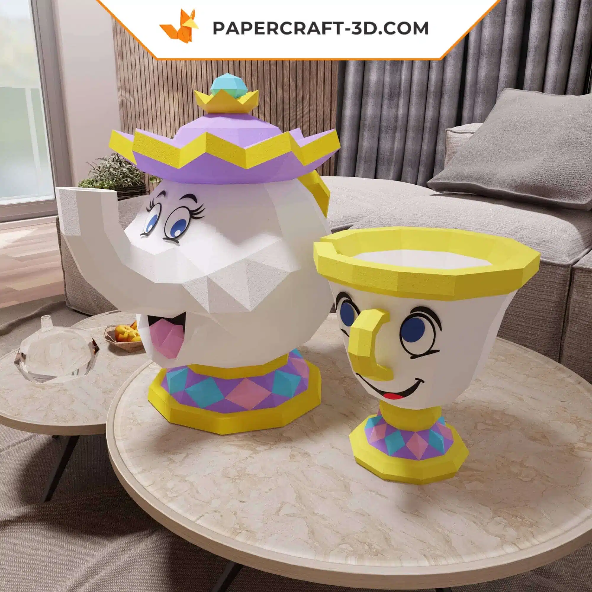 Papercraft de la Mme Samovar et Zip, modèle en format PDF, DXF et SVG, La Belle et la Bête, décoration 3D en origami papier, weergave 6