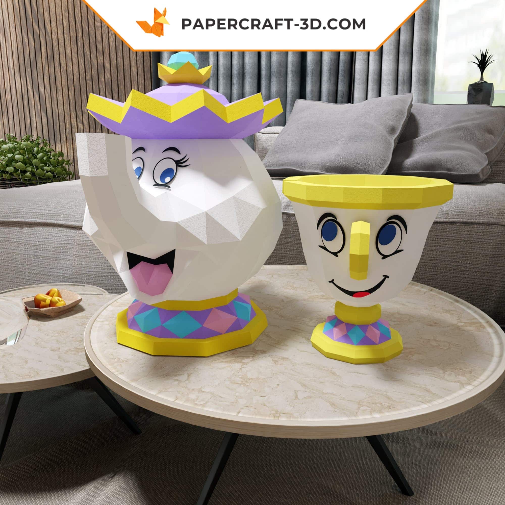 Papercraft of Mrs. Potts and Chip in 3D origami