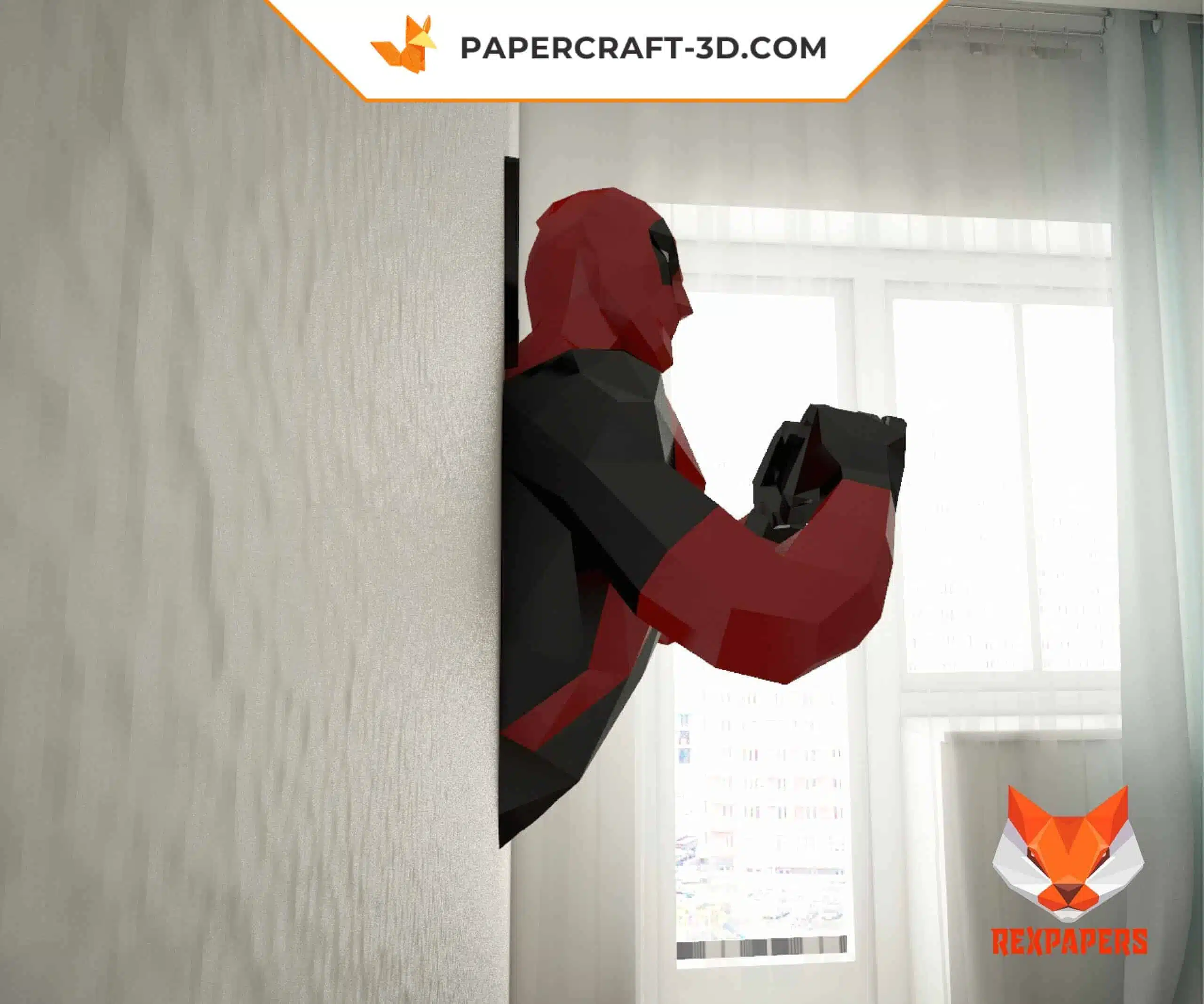 Papercraft de Deadpool em origami 3D, vista lateral